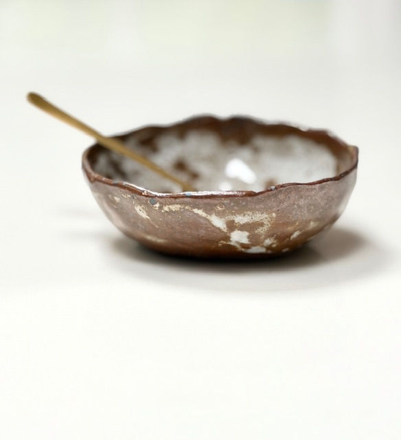 Thumbnail: Small Moody Rustic White Bowl with Gold Spoon - Bowl B