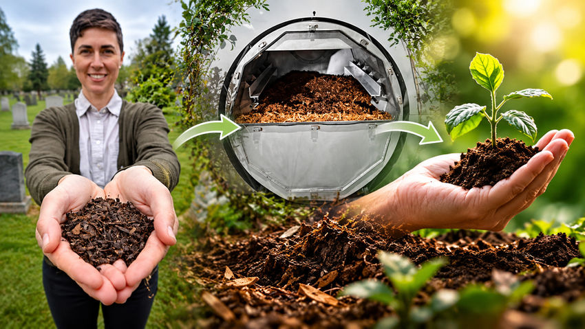 Conceptual illustration of human composting showing a controlled terramation vessel, organic materials, microbial decomposition and nutrient-rich soil supporting plant growth.