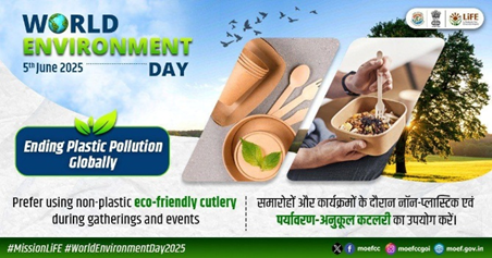 World Environment Day 2025 poster promoting eco-friendly non-plastic cutlery for events and gatherings to help end plastic pollution