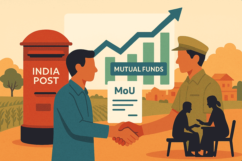 Illustration of India Post and AMFI signing MoU for mutual fund distribution, showing red India Post mailbox, handshake symbolizing partnership, mutual fund growth chart, and rural Indian backdrop representing financial inclusion.
