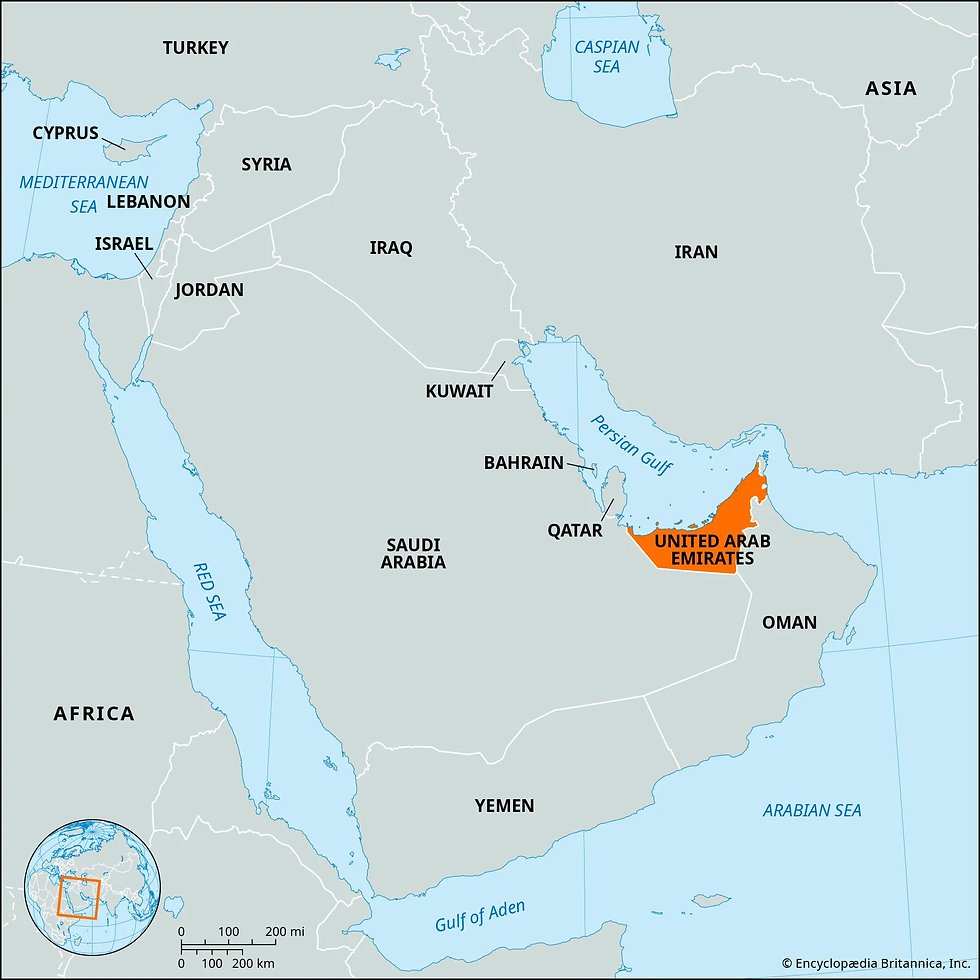 Map highlighting the United Arab Emirates in orange, surrounded by the Persian Gulf. Nearby countries: Saudi Arabia, Oman, Iran.