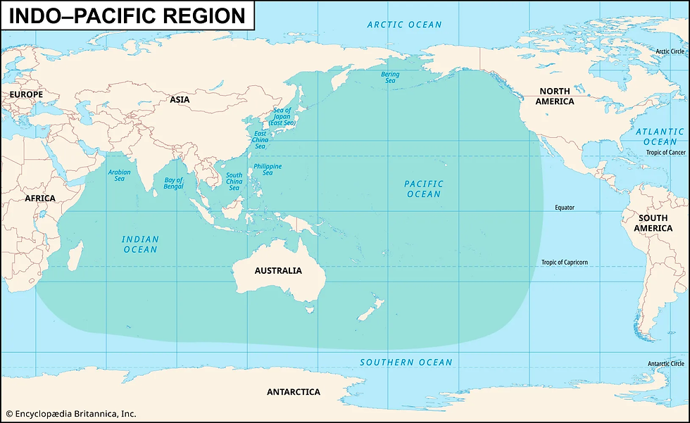 Map showing the Indo-Pacific Region with continents in beige and oceans in blue. Key areas like Asia, Australia, and the Pacific Ocean are labeled.