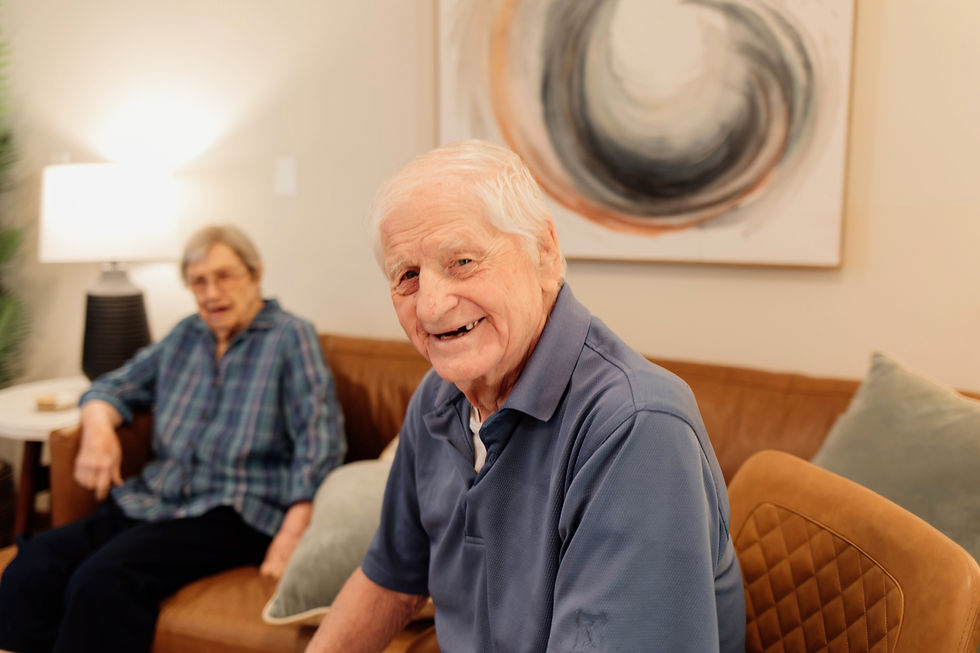 Eye-level view of a cozy living room designed for dementia care