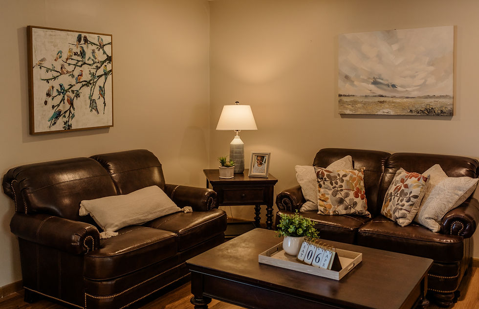 Eye-level view of a cozy living room in a memory care home
