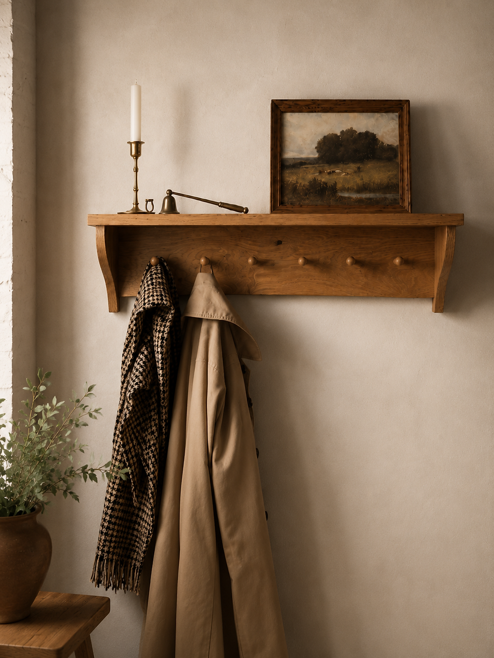 Handmade oak Rothley Coat Rack mounted on a white brick wall with coats hanging below the shelf.