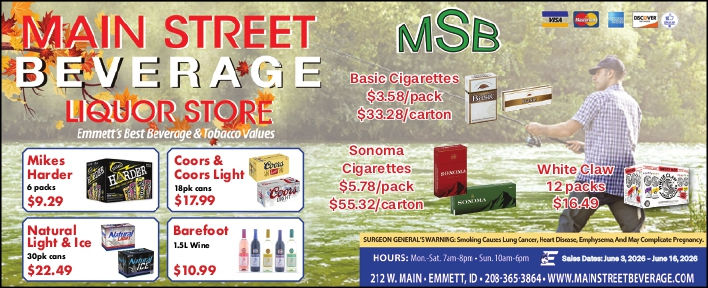 Beverage store ad featuring beer, wine, vodka, and cigarette deals. Autumn leaves background. Includes store hours and contact info.