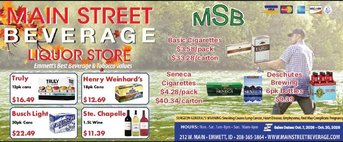 Main Street Beverage Liquor Store ad with beers, cigarettes, vapes, and wine; man fishing in misty background.