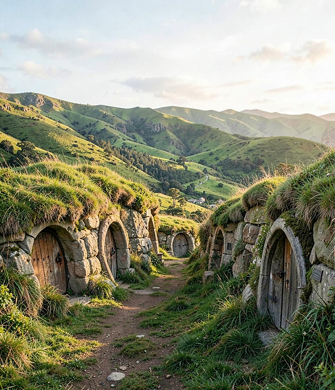 The Hobbiton Movie Set with round hobbit holes nestled in rolling green hills (1).png