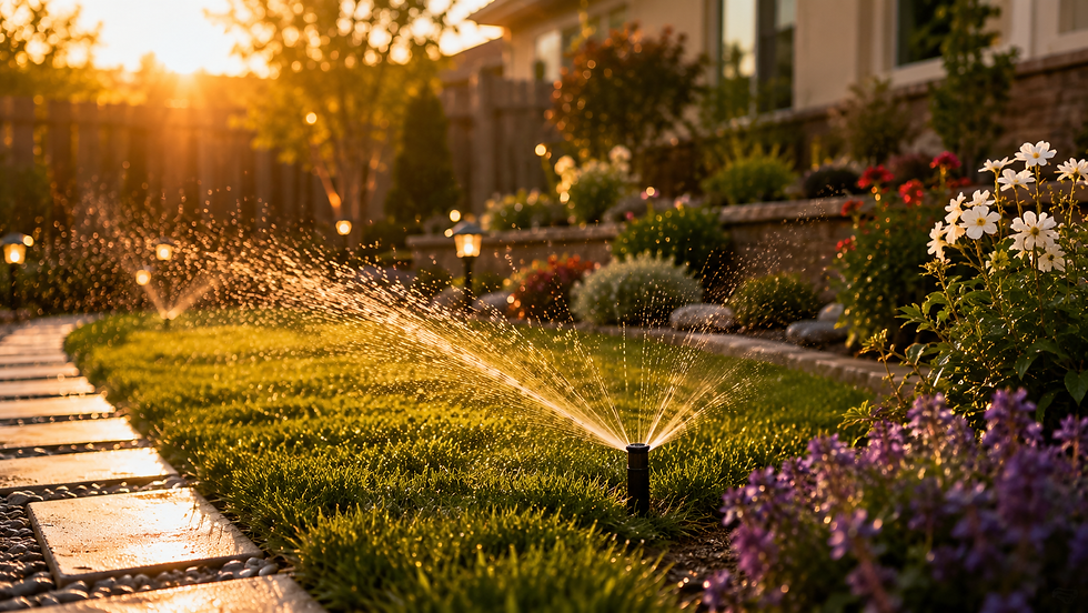Modern backyard irrigation system watering a lush green lawn during golden hour with healthy plants, flowers, and professional residential landscaping designed for summer lawn care and water efficiency.
