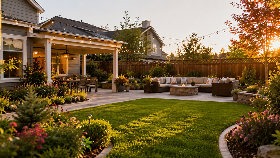 Beautifully maintained backyard with fresh green grass, colorful flower beds, and outdoor seating area ready for summer gatherings, highlighting luxury residential landscaping and outdoor living design in the Bay Area.