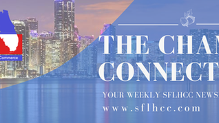 Banner image for “The Chamber Connection,” the weekly newsletter of the South Florida Hispanic Chamber of Commerce (SFLHCC), featuring the Miami skyline at dusk, the SFLHCC logo with a red, white, and blue Florida map design, and the website URL www.sflhcc.com