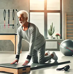 DALL·E 2024-10-09 23.19.50 - An elderly person doing pilates in a bright and modern fitnes