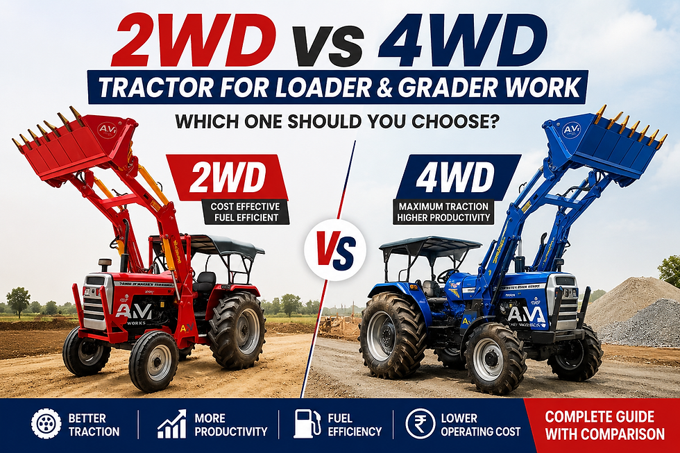 2WD vs 4WD tractor for loader and grader work comparison showing front-end loader attachments used in road construction and land development projects