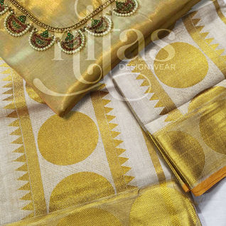Handworked Kundan stonework golden tissue blousepc with Jacquard round setmundu
