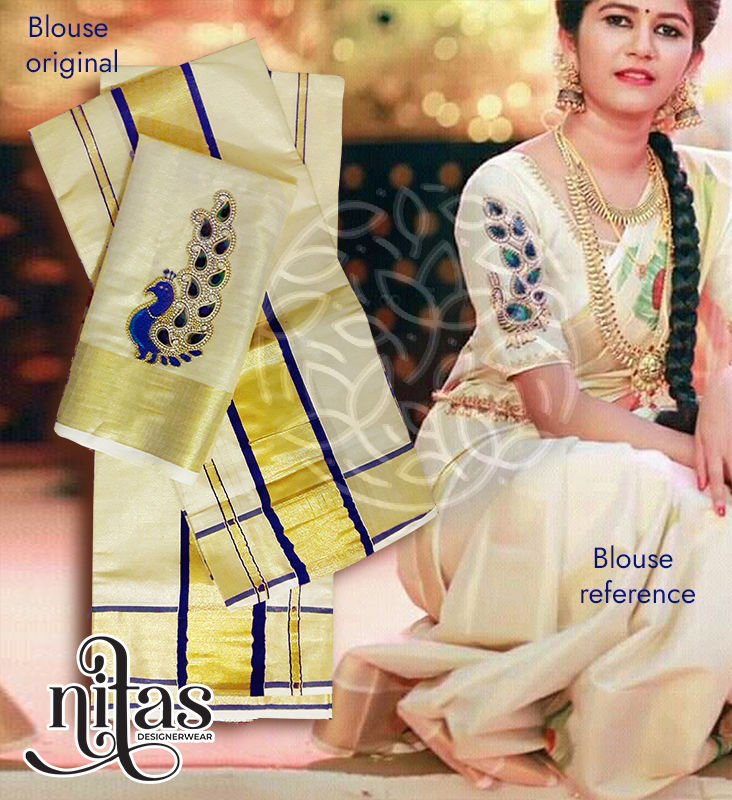 Thumbnail: Peacock handwork blouse pc with set mundu.
