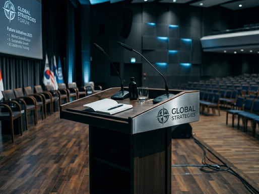 An empty podium in a big theater with the national flags of Korea, Canada, and the US