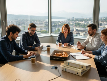 Das Team einer Schweizer Digitalagentur bespricht aktuelle Projekte in einem lichtdurchfluteten Büro mit Blick auf die Stadt.