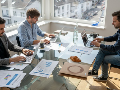 Marketing-Experten bei der Arbeit in einem lichtdurchfluteten Eckbüro