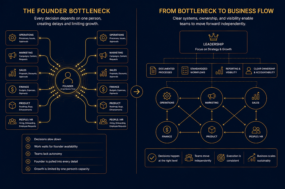 Infographic on dark blue shows founder bottleneck vs business flow, with orange icons for operations, marketing, sales, finance, product, and HR.
