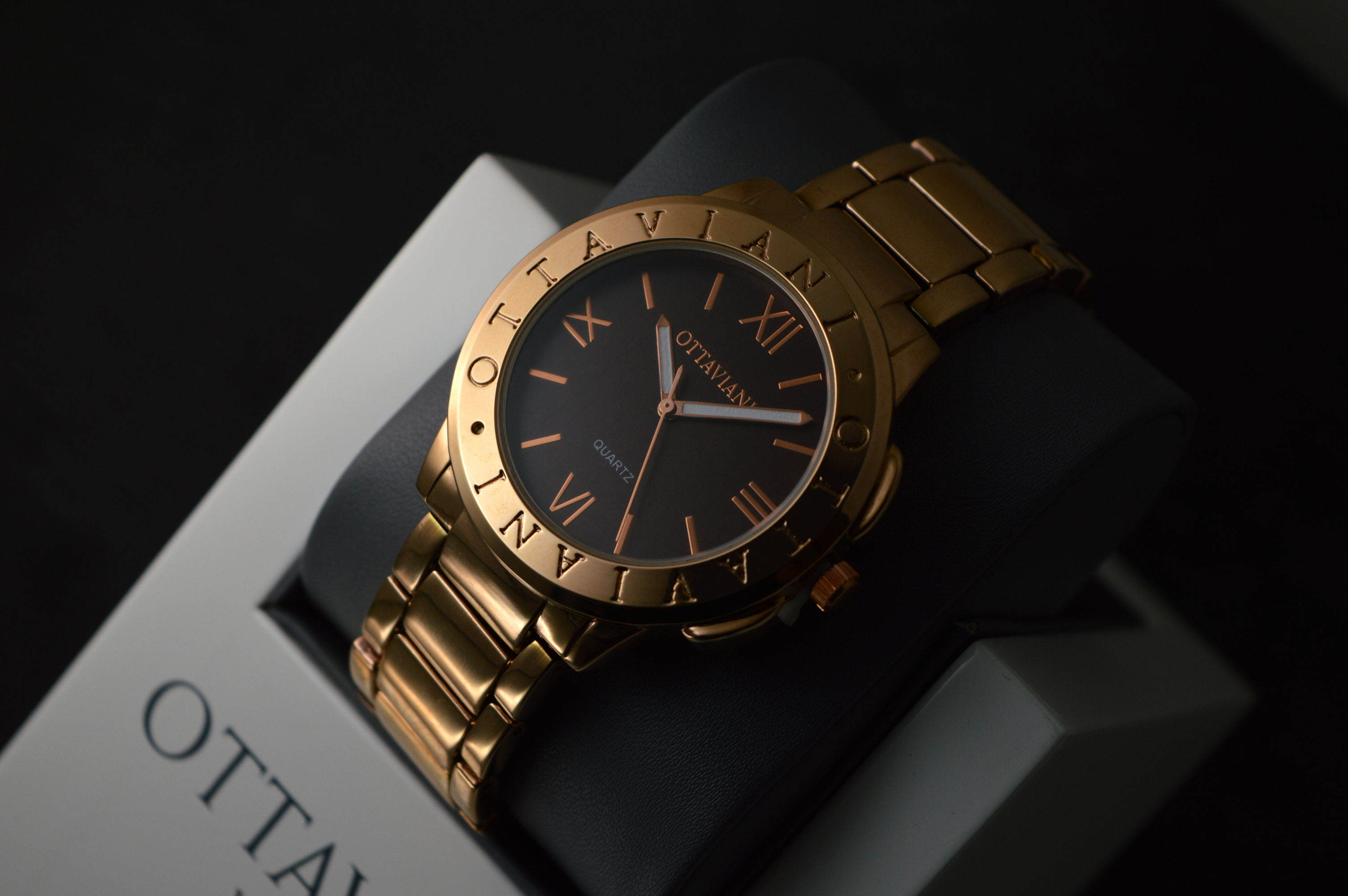 Ottaviani New Old Stock Full Set Rose Gold Plated Bvlgari Style Dress Watch