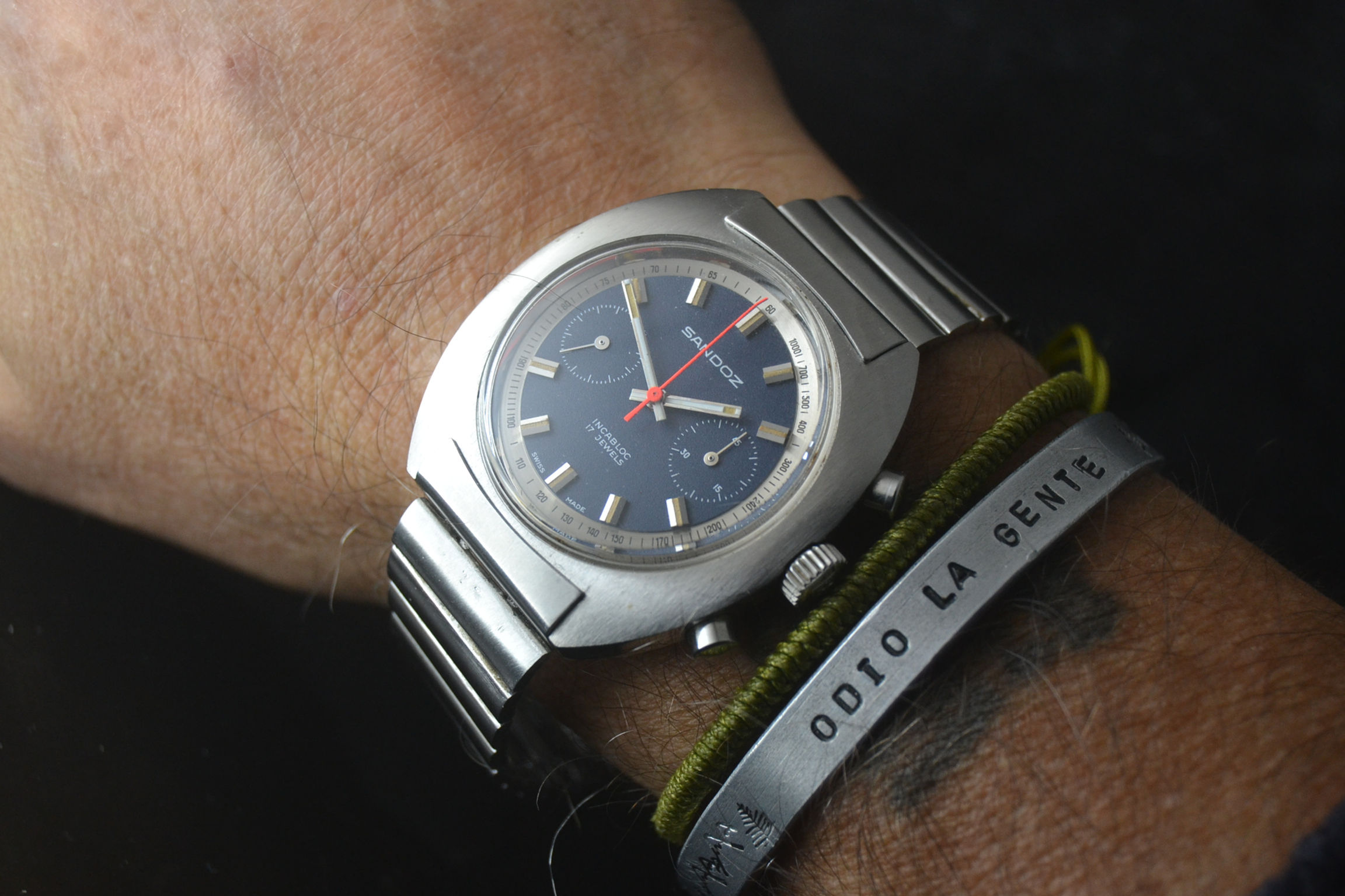 SANDOZ MEN'S RARE OVERSIZED CHRONOGRAPH STAINLESS STEEL 40MM ORIGINAL STEEL BAND