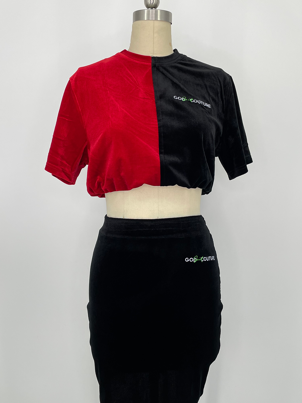 Thumbnail: God Said Couture Velvet 2 Tone Black & Red Crop|Skirt