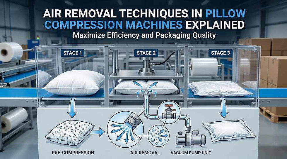 An infographic illustrating the three stages of air removal in a pillow compression machine: a fluffy pillow is placed in the machine, a vacuum removes the air, and the final result is a flat, air-tight sealed package.
