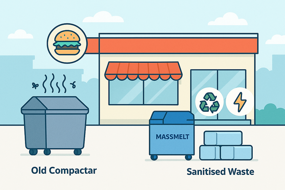 Illustration of a fast-food restaurant with two contrasting waste systems: an old-style compactor releasing odor on one side and a clean Massmelt sanitising unit producing sealed, recyclable waste blocks on the other, symbolising the evolution of fast-food waste management.