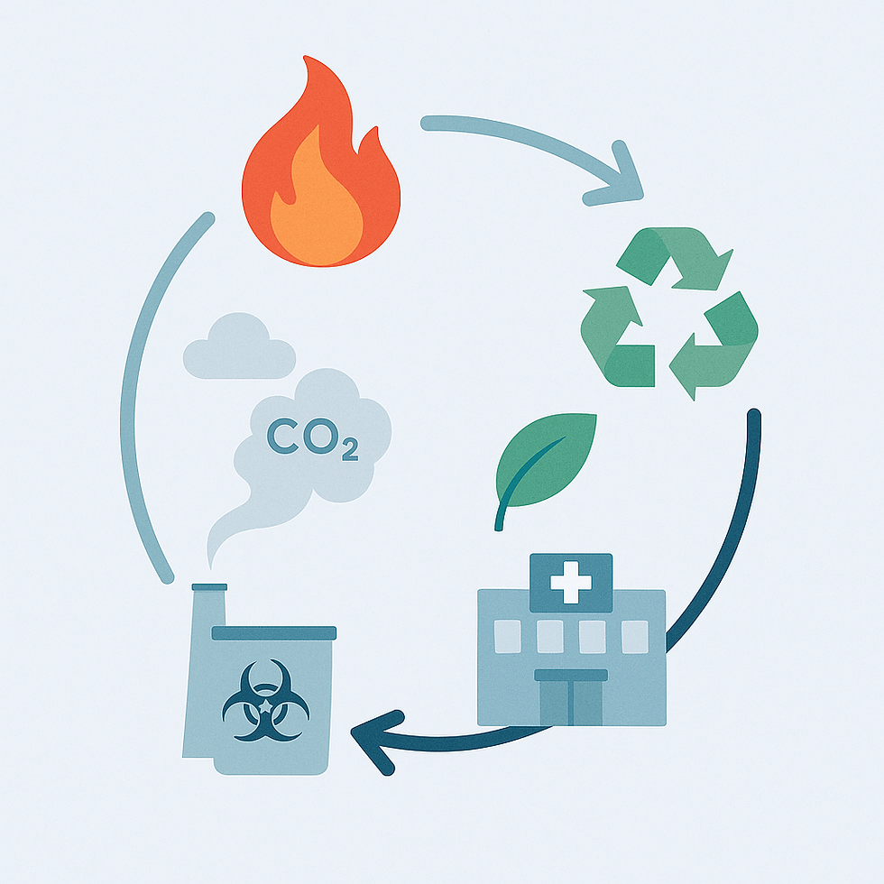 Circular flat-style illustration showing a red flame and smoke transitioning into green leaves and recycling arrows, symbolising the environmental cycle of medical waste and the shift from incineration to sustainable recycling.