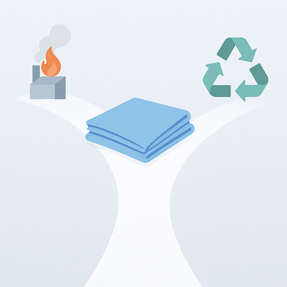 Illustration showing a blue sterile wrap at a fork in the road. The left path leads toward a small grey incinerator with an orange flame, while the right path curves toward a green recycling symbol. The image symbolizes hospitals’ choice between waste incineration and recycling.