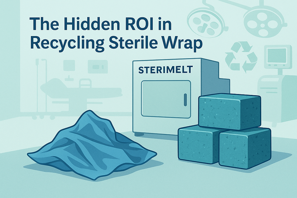 Illustrated hospital scene showing a blue sterile wrap beside three compact recycled polypropylene blocks and a Sterimelt machine labeled “STERIMELT.” The background features subtle outlines of operating room equipment and recycling symbols, representing hospital waste recycling and sustainability.