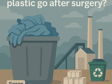 Illustration showing hospital plastic waste including blue sterile wrap and gowns. A large bin overflows beside a recycling bin and factory chimney, with labeled polypropylene blocks, posing the question: where does hospital plastic go after surgery?