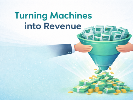 Flat-style illustration showing a green investment funnel filled with recycling machines being held by two business professionals, converting into stacks of cash and coins, representing how servitized recycling technology turns machines into recurring revenue streams.