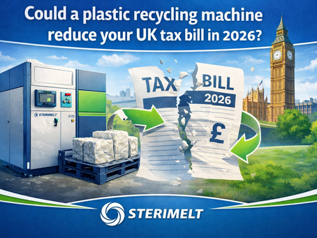 Illustration showing a plastic recycling machine alongside a UK tax bill being reduced, with the Houses of Parliament in the background, suggesting how recycling technology may help lower waste-related costs and influence tax outcomes