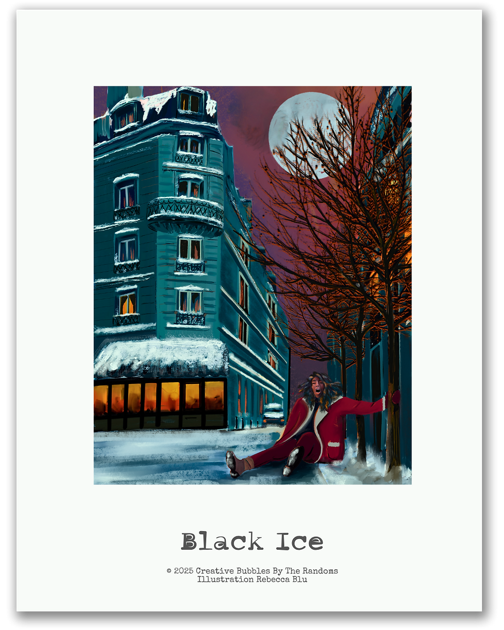 A winter city scene featuring a figure in a red coat who has slipped on invisible black ice. They sit on the icy pavement clutching a tree trunk for support, with a dramatic, darkening sky and a classic Parisian-style building in the background, warmly lit at street level.