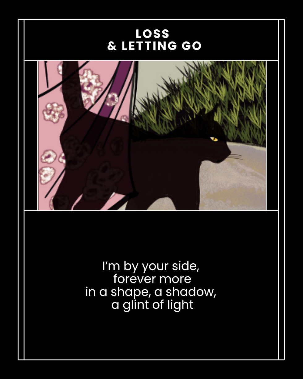 Soft, evocative artwork of a cat-shaped shadow woven with light. The poetry speaks of eternal presence, love in grief, and unseen comfort, combining tenderness with poetic stillness.