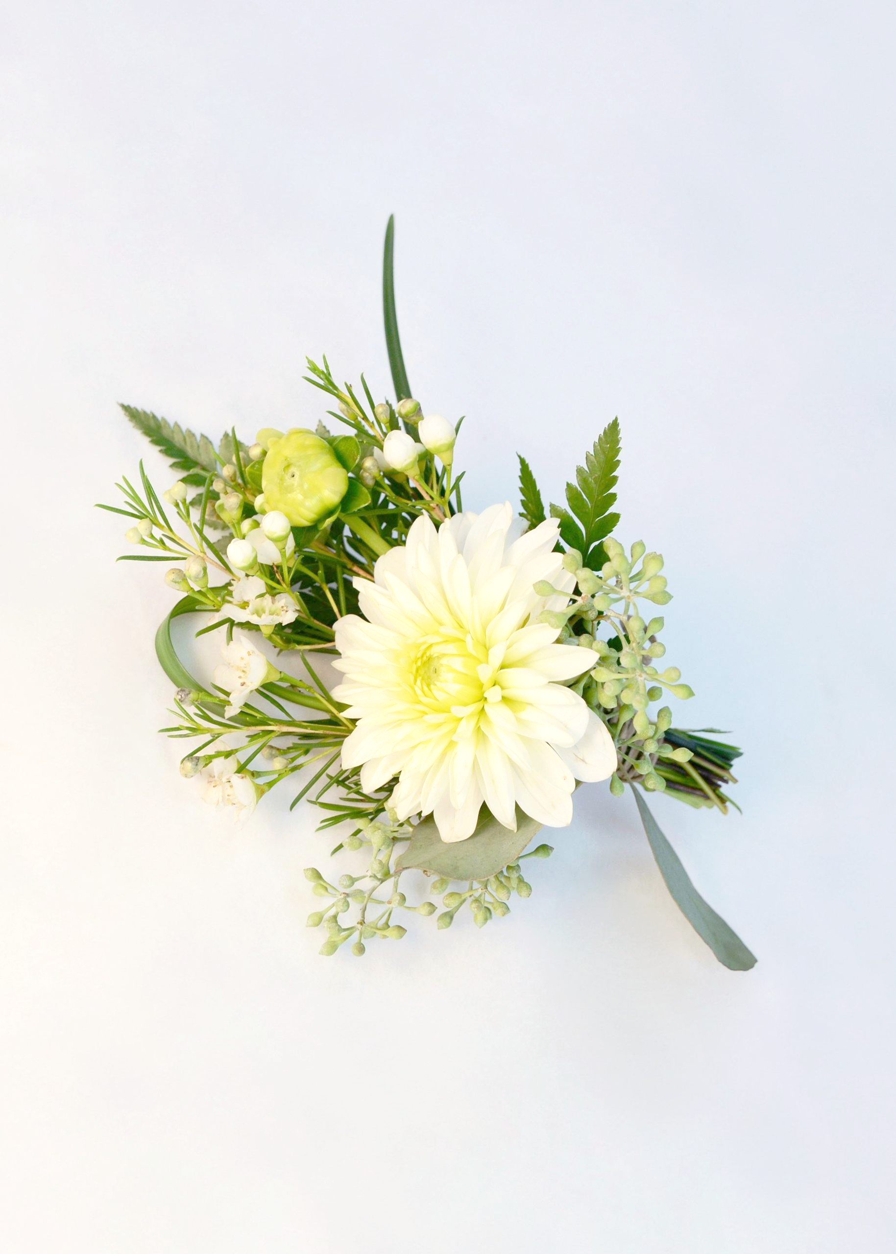 Dahlia White Corsage & Boutonniere