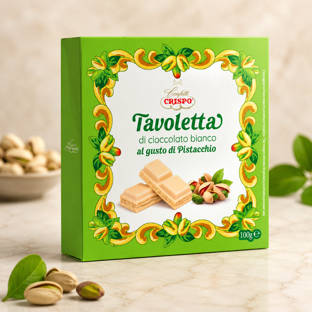 Tavoletta Crispo di Cioccolato Bianco al Pistacchio – 100 g