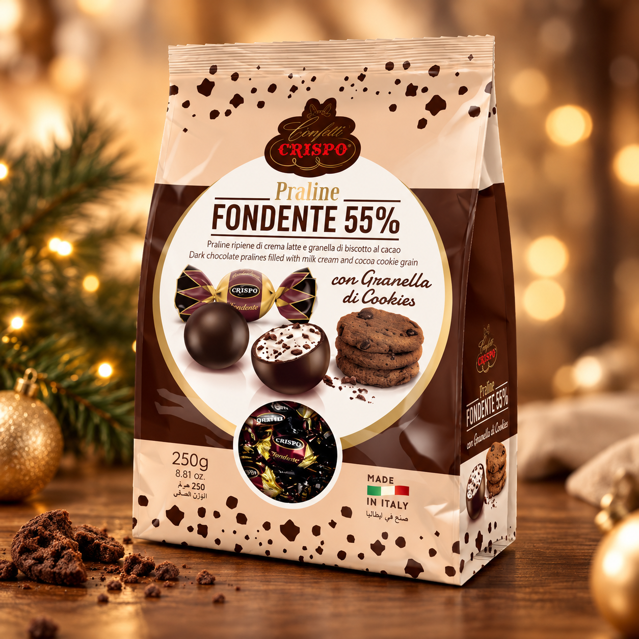 Praline Crispo Fondente 55% con Granella di Cookies – 250 g