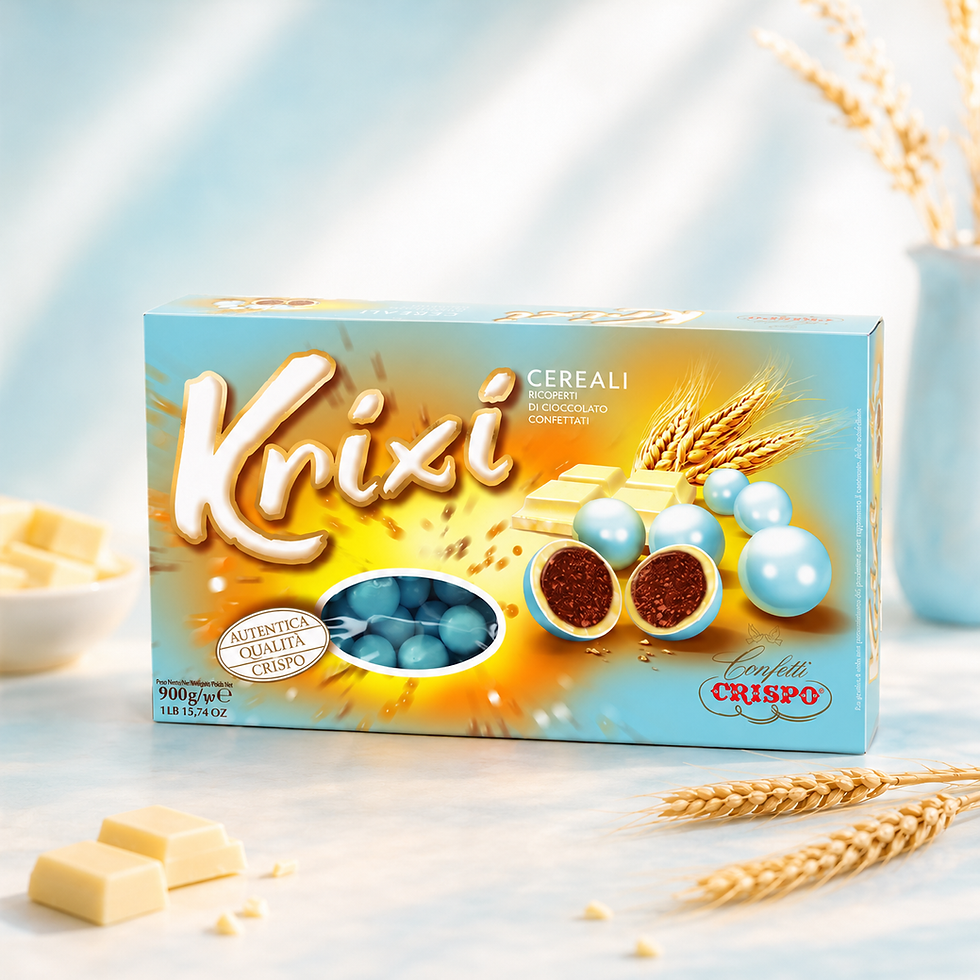 Crispo Krixi Celeste. Croccanti cereali ricoperti di cioccolato bianco confettati celesti
