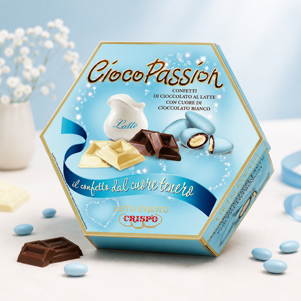 Lieto Evento CiocoPassion Celeste Crispo - Confetti morbidi incartati per battesimi di maschietto