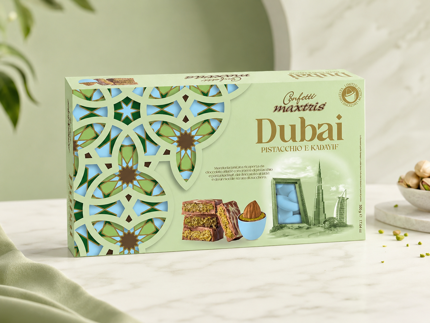 Maxtris Dubai Pistacchio e Kadayif Celeste - Confetti moderni per battesimi maschietto e cerimonie