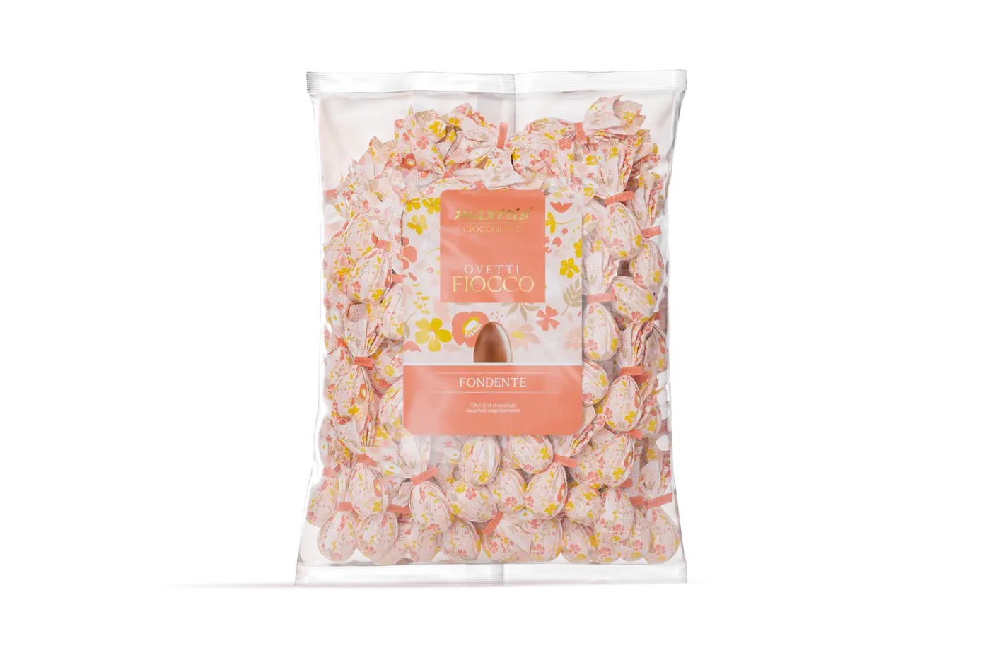 Bag Fiocco Gusto Cioccolato Fondente. Ovetti con cioccolato al gusto cioccolato fondente, incartati singolarmente in monofioc