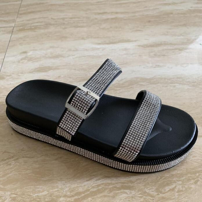 縮圖：Rhinestone Black Flat Sandals