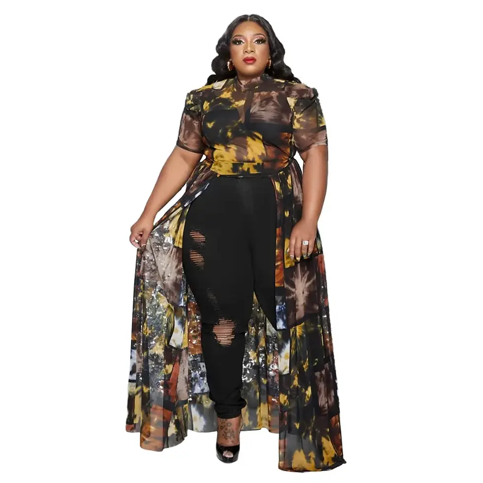 섬네일: Plus Size Plus Size Puff Short Sleeve Mesh Chiffon