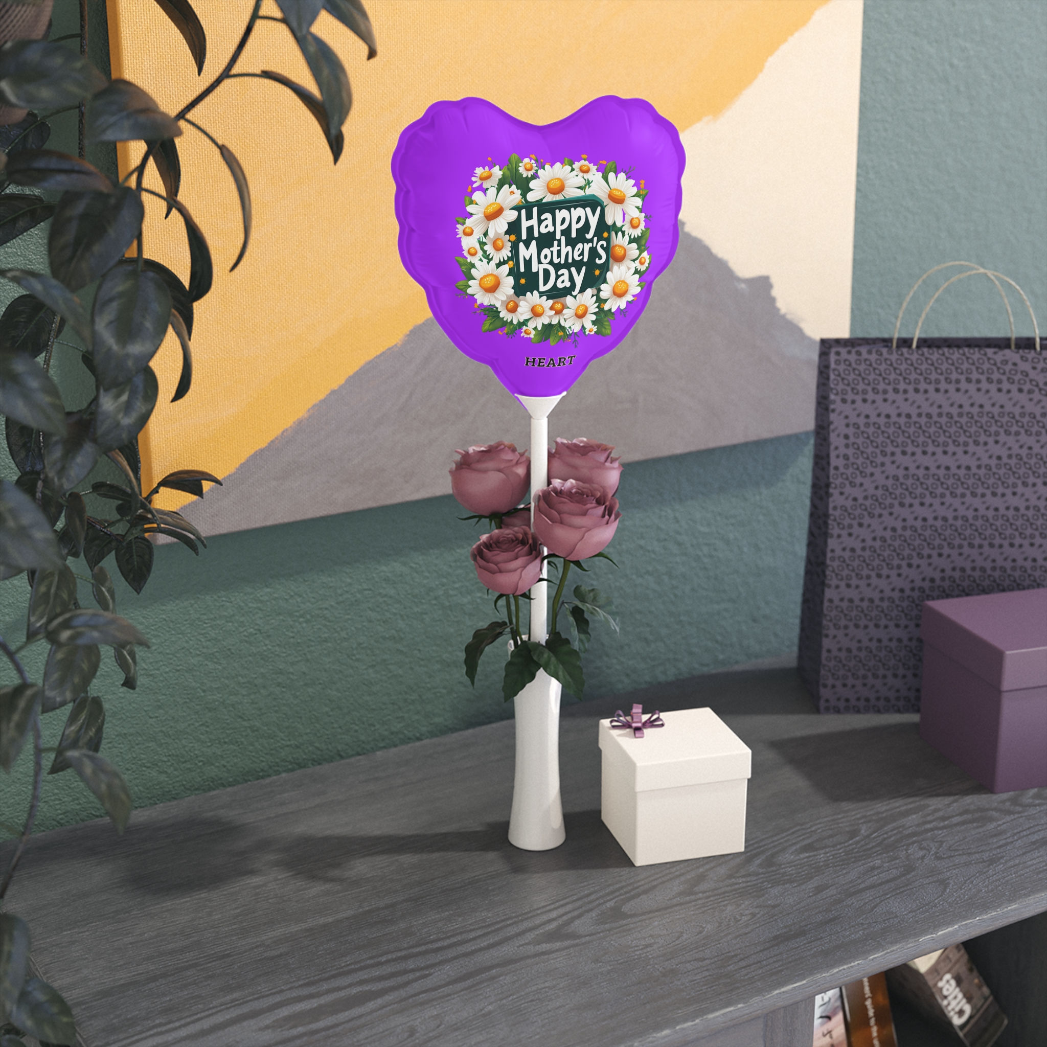 (Mother's Day) Heart Balloon — Purple 6" with Daisy