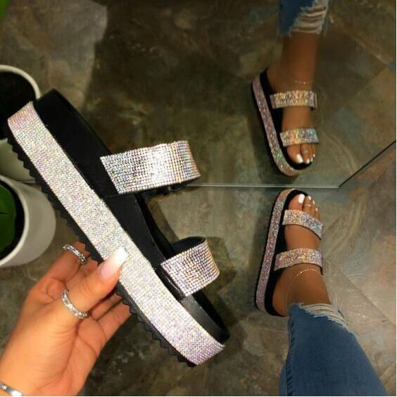 縮圖：Rhinestone Black Flat Sandals