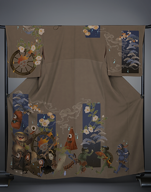 polyester kimono/cotton yukata "yokai parade"