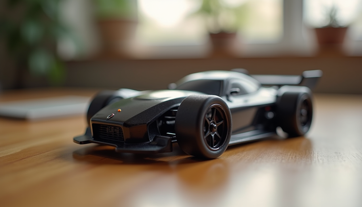 Close-up view of a mini RC drift car on a wooden surface, showcasing its sleek design and detailed body
