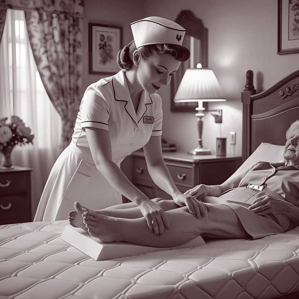 Nurse in vintage uniform massages elderly woman's legs in a cozy, softly lit bedroom. Floral curtains and framed art in the background.